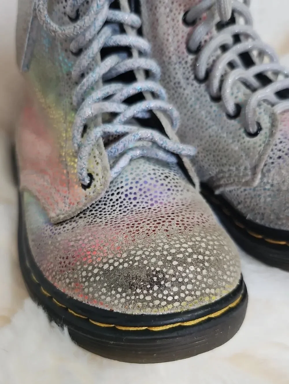 Dr. Martens Kids Iridescent Holographic Lace-Up Boots in Silver and Pastel